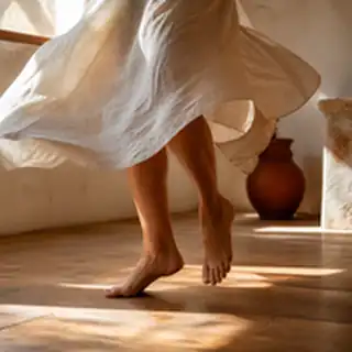 Des pieds nus qui dansent sur un parquet