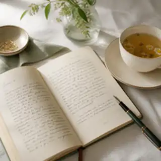 Un carnet ouvert, un stylo et une tasse de tisane