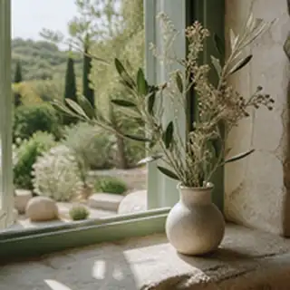 Une branche d'olivier dans un vase, devant une fenêtre ouverte sur un jardin